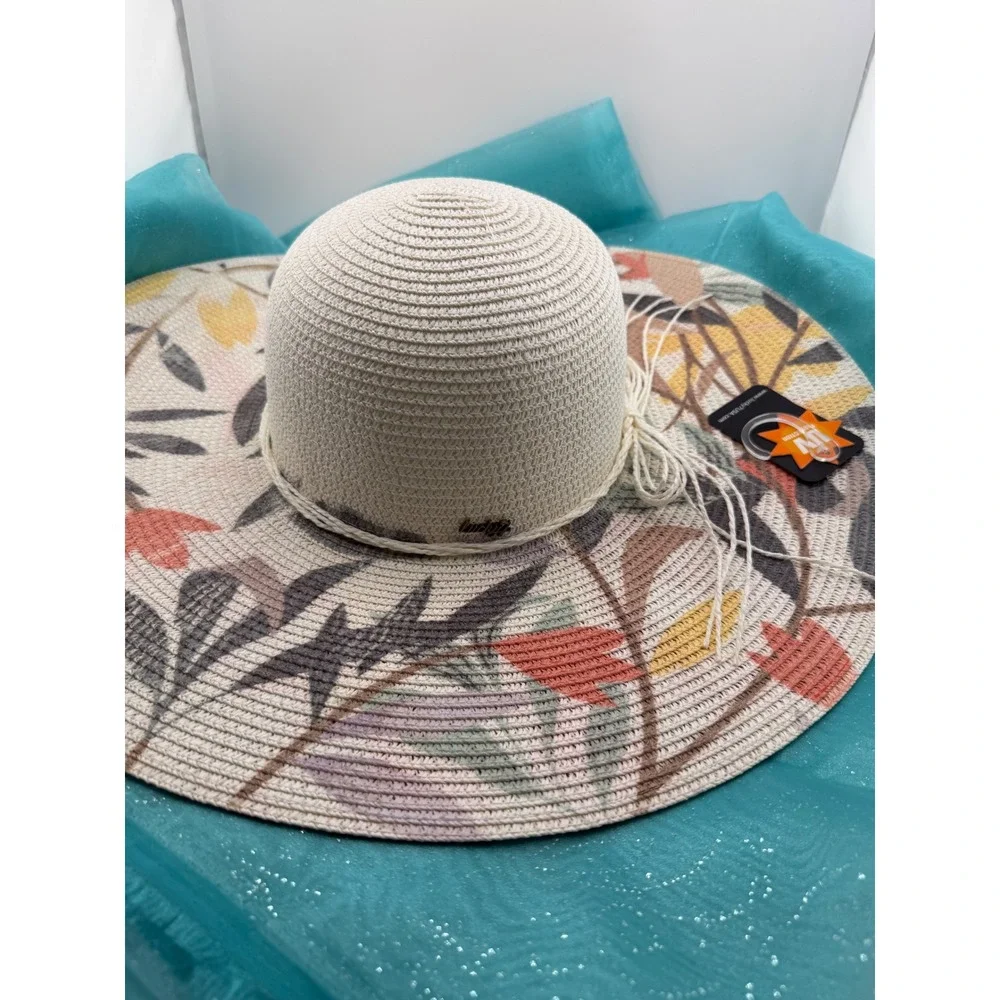 Lucky‎ 7 USA Womens Wide Brim Paper Straw Sun Hat Floral UV Protection Cream